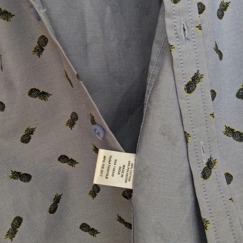 Short sleeve blue button up, pineapple print. Free Planet: men's Large. - Picture 10 of 12